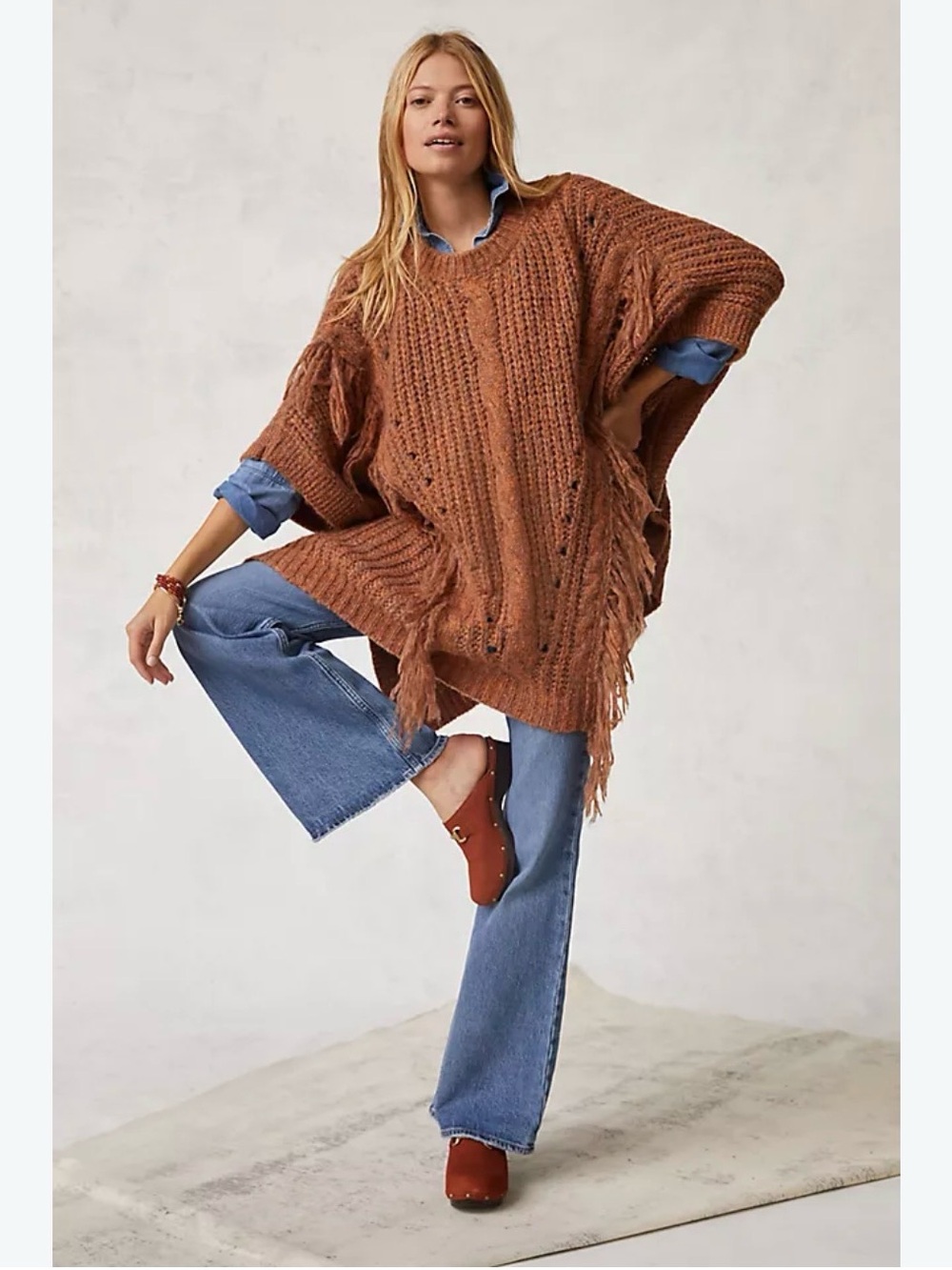 Anthropologie Rust Fringe Cable-Knit Poncho Sweater
